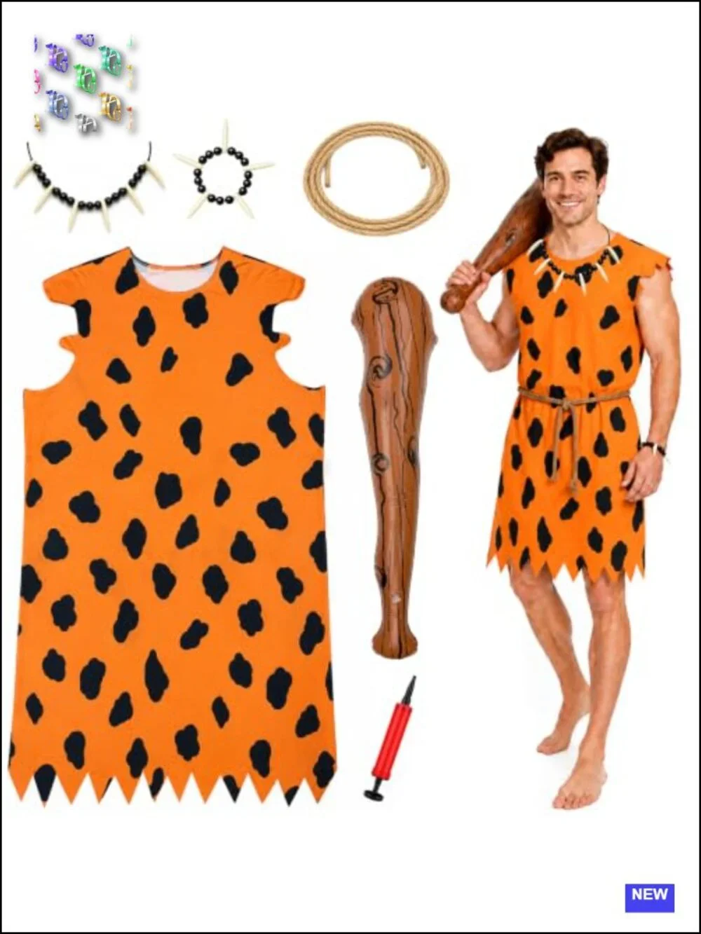 Prehistoric Caveman Halloween Costume Tunic Set with Belt Necklace Bracelet Club